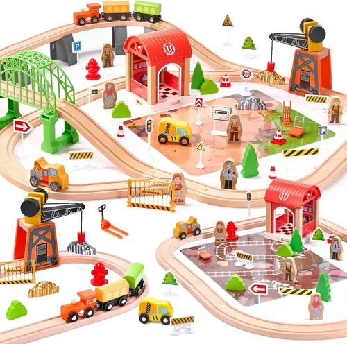 Miniatura 9 de Juego de tren de madera de 61 piezas para niños pequeños de 3 a 8 años, pista de tren expandible de doble cara con rompecabezas y juguetes de pesca