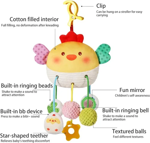 Miniatura 2 de Juguetes de Asiento de Coche Colgantes para Bebés de 0 a 6 Meses, Niño o Niña – Juguete de Bebé con Tira de Pollo, Sonajero, Espejo, BB Squeaker