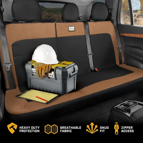 Miniatura 3 de Cat MeshFlex Funda de asiento trasero beige y negro para automóvil, diseño de lona duradera y malla, protector de banco dividido 60/40