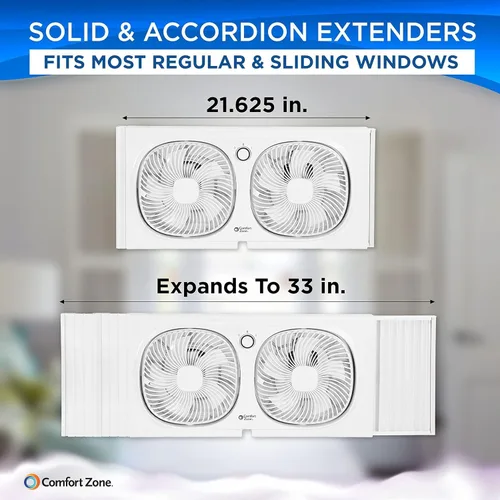 Miniatura 8 de Comfort Zone CZ329WT Ventilador de ventana doble de 9" con ventiladores giratorios de 180°, 2 velocidades, pantalla anti-insectos de plástico