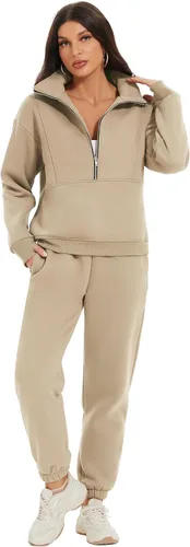 Miniatura 3 de COZYPOIN Conjunto deportivo de 2 piezas para mujer, sudadera de forro polar con cremallera media y pantalones de chándal de forro polar