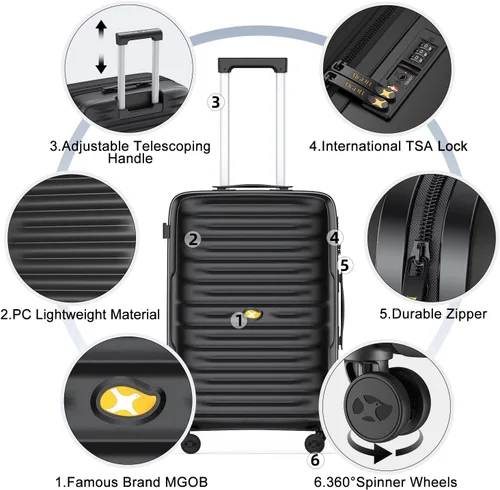 Miniatura 8 de MGOB Equipaje de mano Maleta rígida con ruedas giratorias y cerradura TSA, aprobada por aerolíneas para hombres y mujeres, color negro, Negro