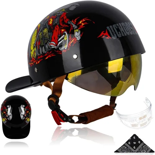 Miniatura 8 de Gorra de béisbol para motocicleta, 3 unidades, aprobado por DOT, estilo vintage, cara abierta, unisex, para adultos, medios cascos de doble lente