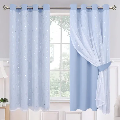 Miniatura 21 de BGment Cortinas de oscurecimiento de habitación con superposición transparente, cortinas de tul estampado plateado de doble capa para sala de estar