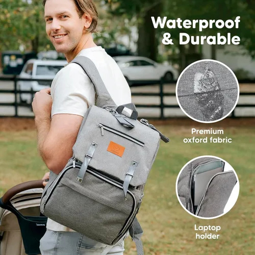 Miniatura 3 de KeaBabies Mochila para pañales para bebé con cambiador, bolsa de bebé impermeable para mamá y papá, bolsillos aislados para botellas, niños Gris