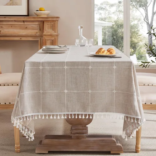 Miniatura 50 de ZeeMart - Mantel de mesa con diseño de cuadrícula boho y borlas (blanco roto, 132 cm x 132 cm), mantel de gran peso de lino a cuadros bordado