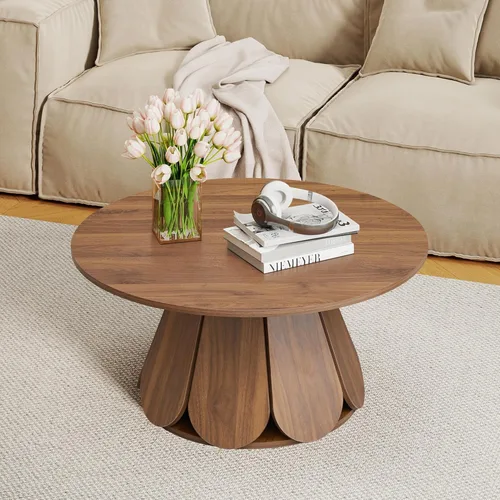 Miniatura 3 de Mesa de centro redonda, moderna mesa central circular de madera con base de pedestal para espacios pequeños, sala de estar, apartamento, nogal