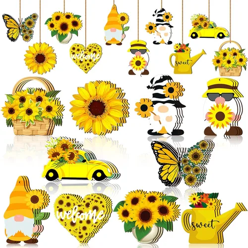 Miniatura 8 de Chunful Adorno de árbol de gnomo de girasol de verano, adornos colgantes de madera para primavera, decoración de árbol pequeño con cuerda