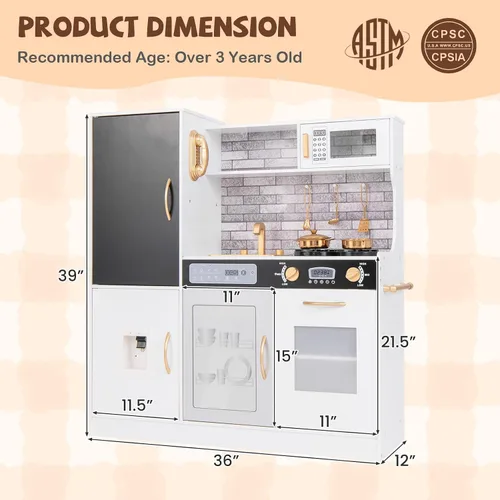 Miniatura 8 de HONEY JOY Juego de cocina para niños de 39 pulgadas, juego de cocina grande de madera con pizarrón, teléfono, utensilios, horno, microondas
