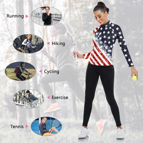 Miniatura 136 de WOWENY Camiseta deportiva de manga larga para mujer, con cremallera de un cuarto, cuello para entrenamiento, camiseta de tenis con estampado