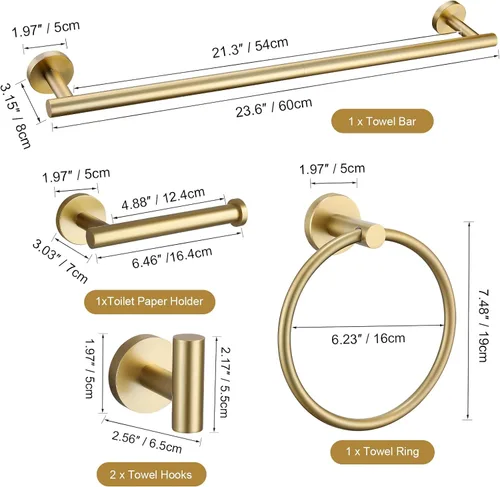 Miniatura 7 de TURS Juego de 5 piezas de accesorios de baño cepillado dorado, juego de barra de toalla de baño de acero inoxidable SUS304 de 61 cm, kit de Brusehd