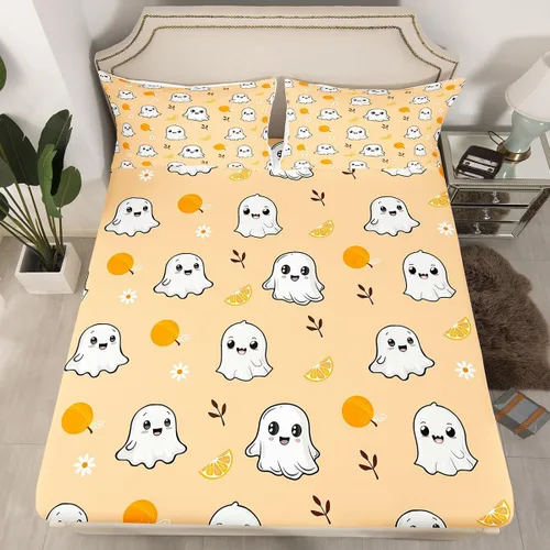 Miniatura 10 de Sábana bajera ajustable de fantasma de Halloween, tamaño individual, sábana de bruja de calabaza de caramelo de dibujos animados, juego de ropa