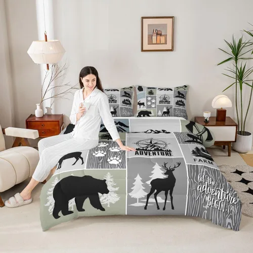 Miniatura 4 de Juego de edredón rústico de cabaña granja para niños, tamaño twin, juego de ropa de cama de aventura de caza de ciervos y osos para decoración