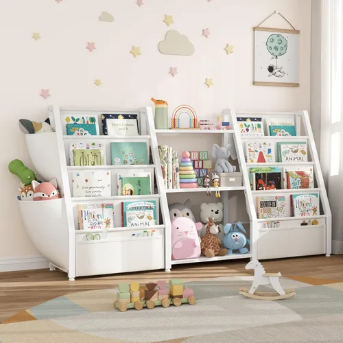 Miniatura 8 de Estantería para niños y almacenamiento de juguetes, organizador de juguetes con estante para libros de 3 niveles, estantería pequeña con eslinga