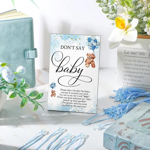 Miniatura 5 de Wesiti Juego de 51 piezas de letrero de madera para baby shower, juego de regalo, 50 chupetes de baby shower, collar acrílico para revelación de Azul