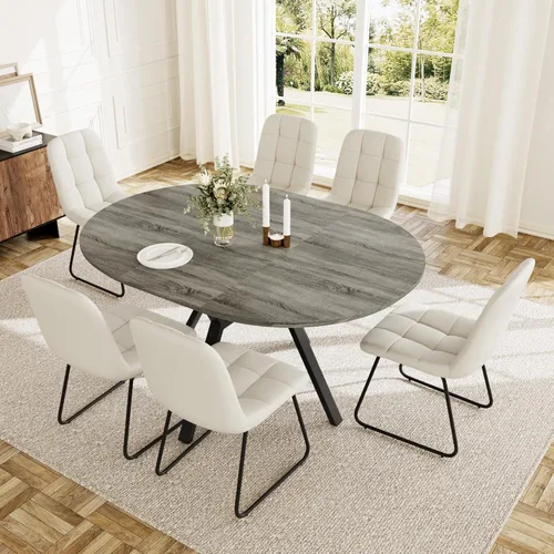 Miniatura 16 de HIPIHOM Juego de mesa de comedor redonda extensible para 6 personas, mesa de cocina extensible de 43.3 a 59.1 pulgadas con 6 sillas tapizadas, Mesa