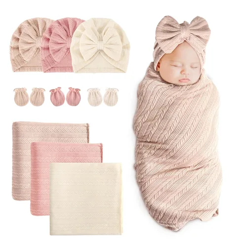 Miniatura 14 de DRESHOW BQUBO Manta para Recién Nacido con Sombrero de Moño y Guantes de Algodón, Manta de Envoltorio para Bebé Cálido, Saco de Dormir para Bebé