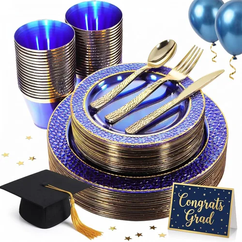 Nervure 150 platos de plástico azul transparente, platos de fiesta dorados, juego de vajilla azul y dorado incluye: 50 platos desechables, 25 tazas,
