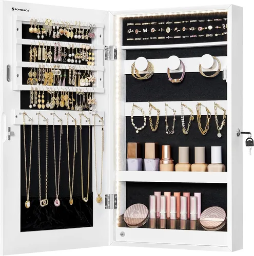 SONGMICS Armario de joyería con espejo con luces LED integradas, organizador de almacenamiento de joyas montado en la pared o en la puerta, 3.8 x