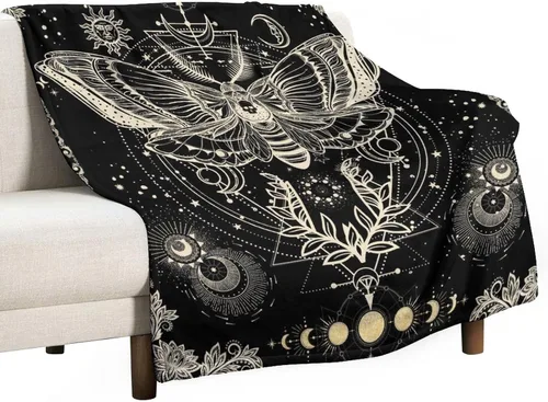 Miniatura 24 de Manta gótica de franela de polilla abstracta, mágica, bohemia, mariposa, esqueleto, luna, estrellas, manta estética para hombres, mujeres, niñas