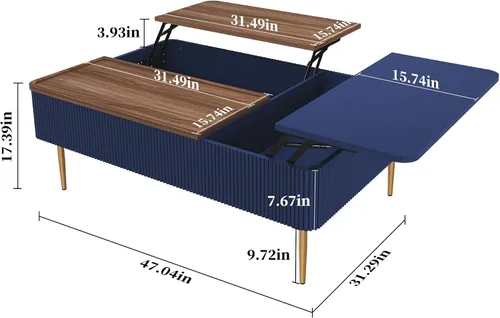 Miniatura 3 de HLR Mesa auxiliar de doble elevación de 47 pulgadas con almacenamiento, moderna mesa de centro de madera acanalada con compartimento oculto, mesa