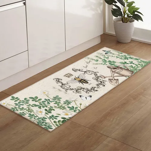 Miniatura 5 de T&H XHome Juego de 2 alfombras de cocina, diseño vintage de abejas de miel, girasol, antideslizantes, parte trasera de goma, tapetes acolchados