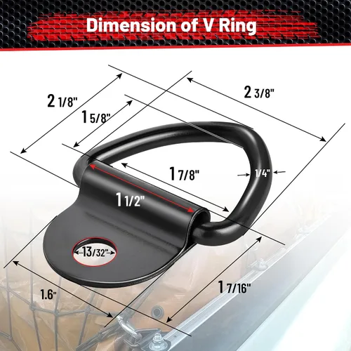 Miniatura 2 de RED WOLF Paquete de 4 anclajes de anillo en V para carga, en acero negro con revestimiento en polvo negro, con capacidad de 454 kg, para montaje