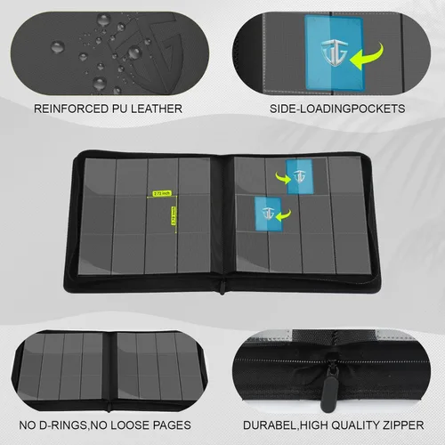 Miniatura 4 de Carpeta con cremallera de 12 bolsillos para 720 tarjetas, bolsillos laterales seguros de carga, carpeta de álbum de tarjetas intercambiables, Negro