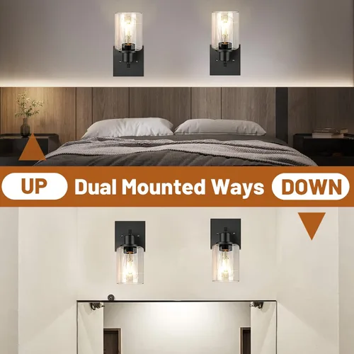 Miniatura 5 de Juego de 2 apliques de pared, juego de luces de baño negro mate, juego de luces de pared de granja, luces de tocador con pantalla de vidrio