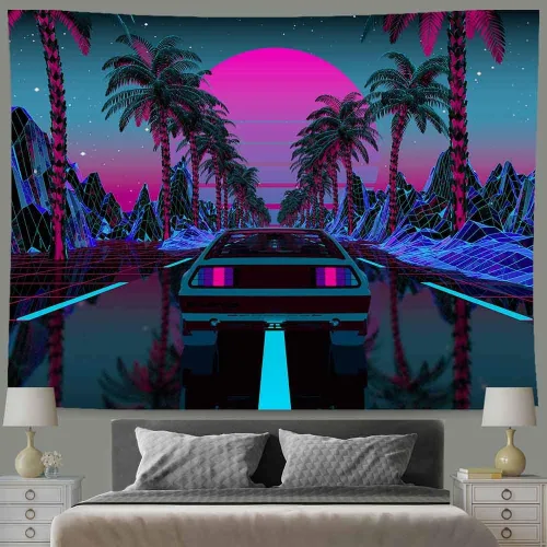 Miniatura 2 de Ine Ive Tapiz de coche de los años 80, escena urbana de la calle, palmeras, puesta de sol, cielo estrellado, tapiz de pared punk, 40 x 30 pulgadas