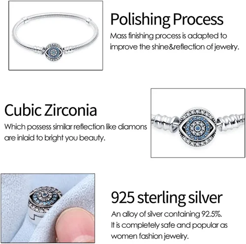 Miniatura 7 de KUNSIR Pulsera de plata de ley 925 con cadena de serpiente de ojo malvado azul con circonita cúbica 5A para mujeres y adolescentes
