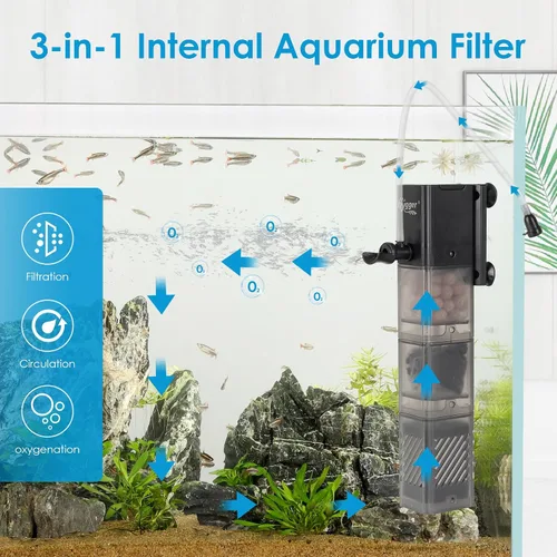 Miniatura 3 de hygger Filtro de acuario DC 5V Filtro de tanque de peces silencioso de energía de 5 V con aireación de lluvia Filtración de 3 etapas Filtro interno