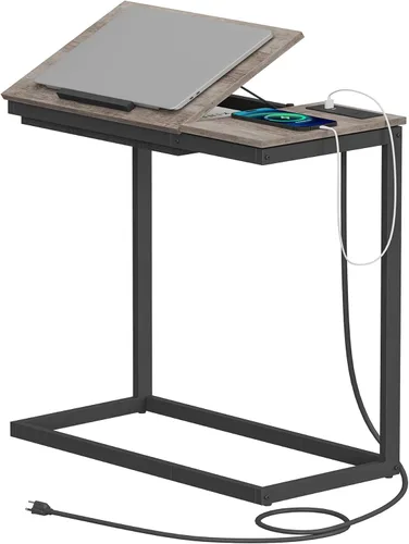 Miniatura 10 de TUTOTAK Mesa auxiliar en forma de C con estación de carga, mesa auxiliar inclinable para computadora portátil, mesa debajo del sofá para sala