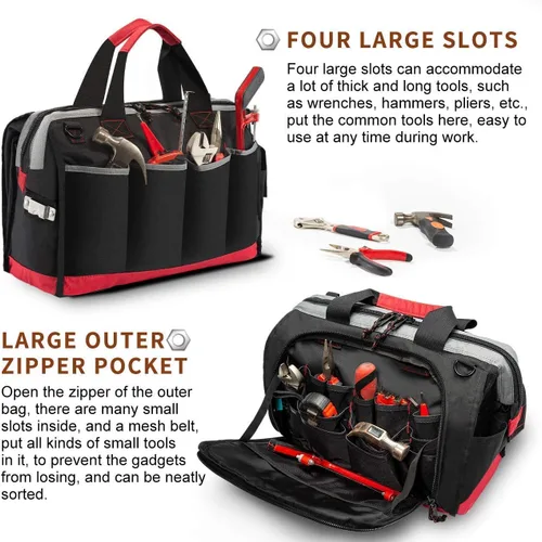Miniatura 2 de Bolsa de herramientas de boca ancha con 25 bolsillos bolsa de almacenamiento de 16 pulgadas con correa de hombro ajustable negro/rojo