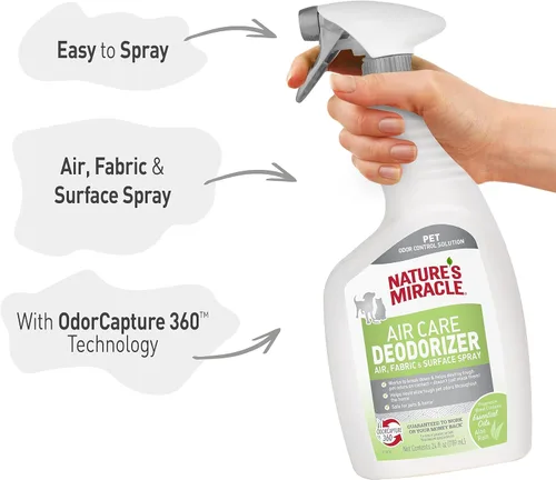 Miniatura 5 de Nature's Miracle Air Care, Spray para tela y superficie con aroma a lluvia de aloe y desodorante eliminador de olores de mascotas, 24 onzas líquidas