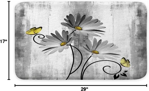 Miniatura 2 de Alfombra de Baño Rústica de Granja, Alfombra de Baño de Flores de Margaritas Grises de Granja, Mariposas de Campo, Alfombra de Baño de Madera