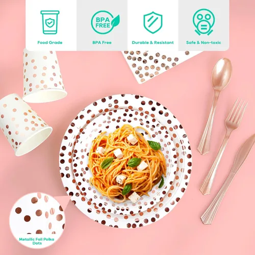 Miniatura 3 de Suministros de fiesta de oro blanco y rosa – Juego de vajilla desechable de 350 piezas – platos de papel blanco, servilletas, vasos, tenedores