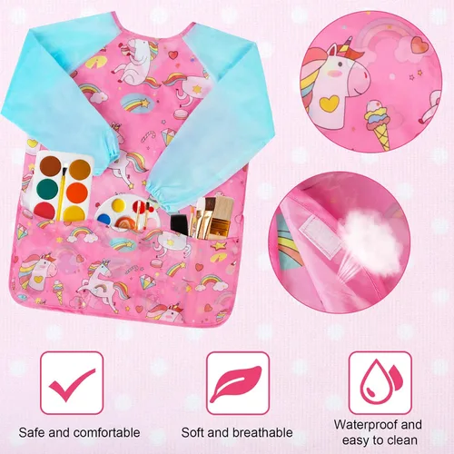 Miniatura 5 de Bassion Kids Art Smock Toddlers Painting Aprons Colorful Waterproof Children Artist Smock with Long Sleeve 3 Roomy Pockets