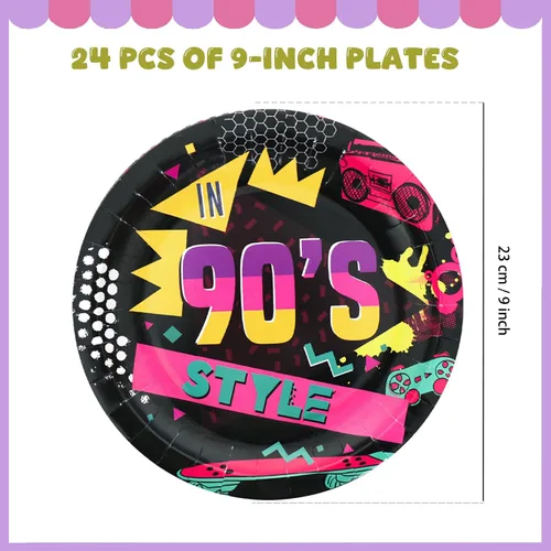 Miniatura 3 de Juego de 96 piezas de vajilla de decoración de fiesta de los años 90 para adultos y adolescentes, incluye platos, servilletas, tenedores
