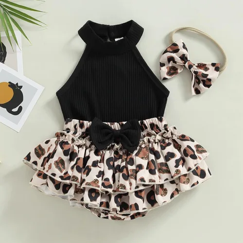 Miniatura 123 de TheFound Trajes de verano para niñas pequeñas, sin mangas, de punto acanalado, halter, pantalones cortos, ropa para recién nacidos, conjunto de 3