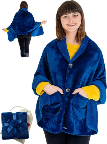 EzrAllora Manta Poncho de Doble Capa Premium para Mujeres -Ponte y Listo Sin Mangas- Chal de Vellón Sherpa con Bolsillos - Manta Vestible - Regalos