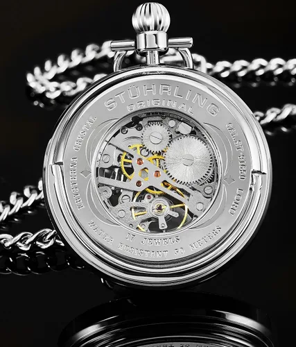 Miniatura 8 de Stuhrling Original Reloj de bolsillo para hombre de acero inoxidable analógico esqueleto reloj mano viento mecánico movimiento mecánico cadena