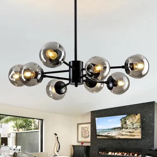 Miniatura 13 de Lámpara colgante de 8 luces, color negro con globos de vidrio, lámpara de techo Sputnik clásica vintage para cocina, sala de estar, comedor