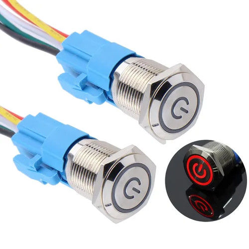 Miniatura 15 de 2 piezas de interruptor de botón de metal de cierre de 16 mm, 12V-24V, encendido/apagado, 1NO 1NC, impermeable, autoblocante, carcasa plateada