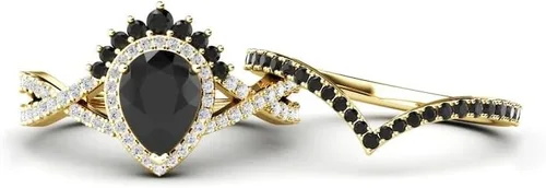 Miniatura 4 de Anillo de compromiso de ónix negro en forma de pera, halo de oro rosa, único juego de anillos de compromiso de piedra negra para mujer, anillo
