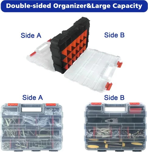 Miniatura 5 de Caja organizadora de herramientas, caja de almacenamiento de piezas pequeñas, 50 compartimentos, organizadores de hardware de doble cara con Naranja