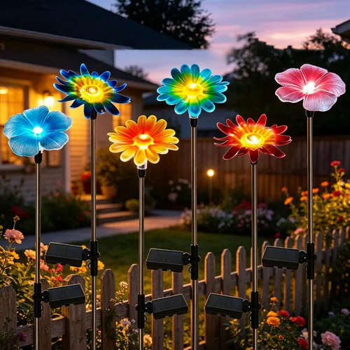 EiGreen - Juego de 6 luces solares para jardín al aire libre, decoración de estaca con figura de jardín, luz de flores coloridas, ornamento para