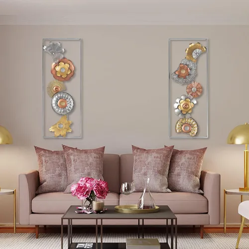 Miniatura 6 de Asense Juego de 2 flores de metal para colgar en la pared con marco, 36 x 14 pulgadas, esculturas modernas de arte de pared de metal dorado