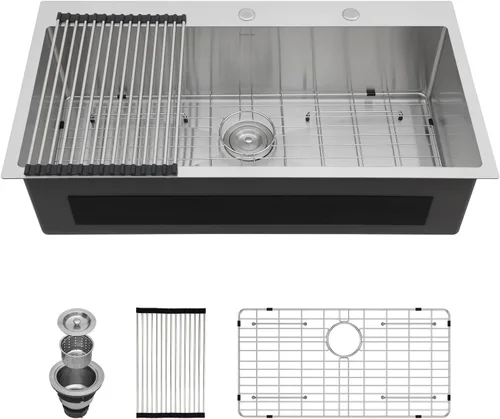 Miniatura 42 de Lordear - Fregadero de barra – Fregadero de barra dorado de 13 x 15 pulgadas con grifo dispensador de jabón, estación de trabajo, calibre 16 T304