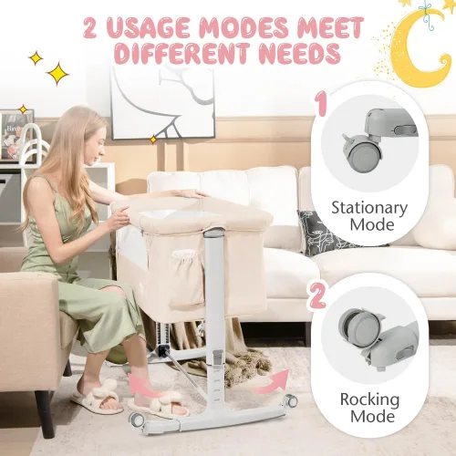 Miniatura 4 de BABY JOY Cuna plegable 3 en 1 con altura ajustable, colchón, ruedas bloqueables, bolsillo de almacenamiento y bolsa de transporte para recién Beige
